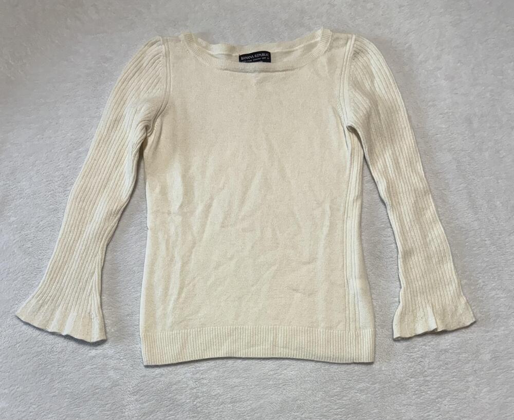 Banana Republic Sweater Womens Small Ivory Italian Yarn Ribbed Knit Bell Sleeve